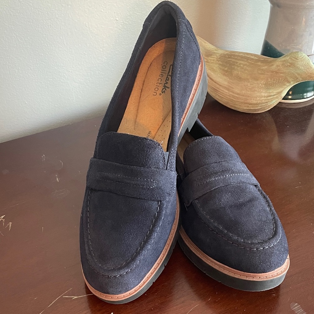 Clarks Navy Suede Penny Loafers with Brown Trim